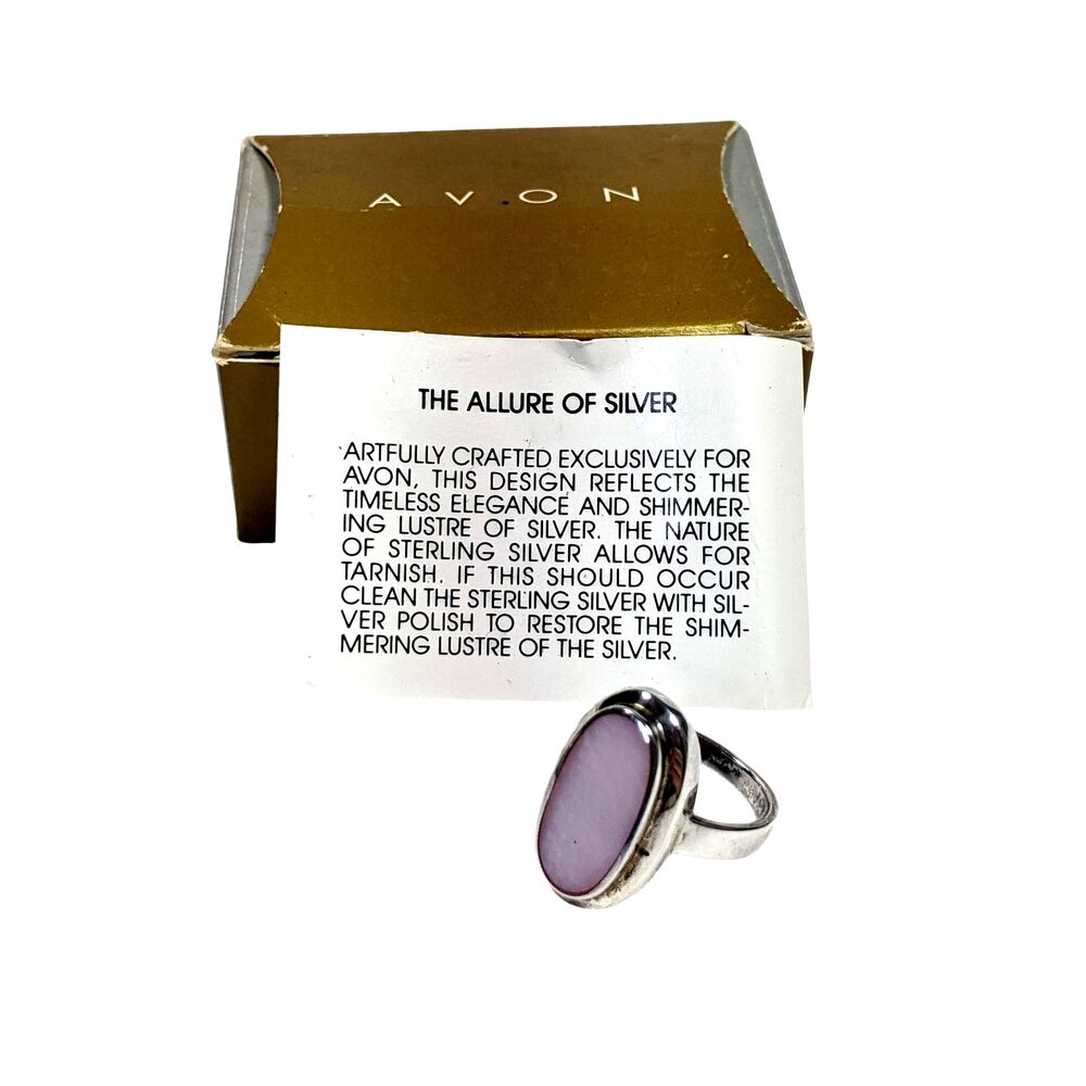 Avon Sterling Silver Oval Ring Vintage 1970s Pink MOP W/Box Sz 8 Minimalist 5gr